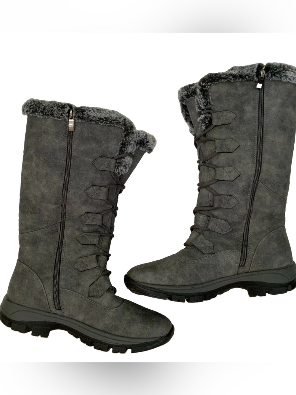 Apres by Lamo Tall Boots Gray Faux Fur Lined Side Zip Women’s Sz 8 Lug Sole New